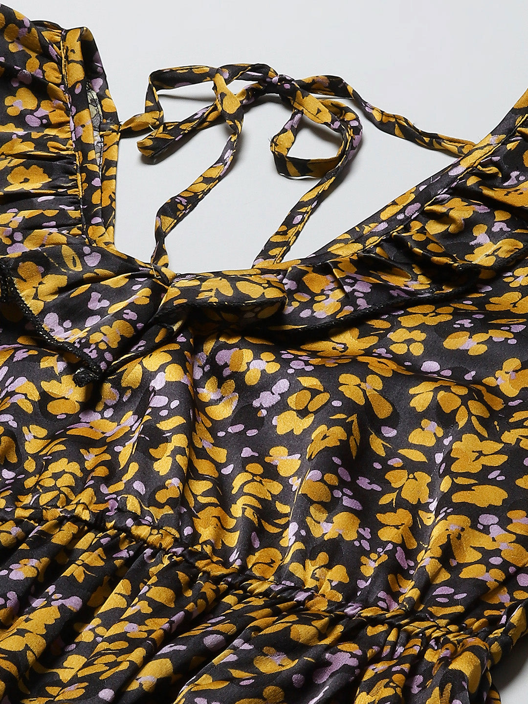 InWeave Women's Mustard Print Ruffled Dress - Swadesiicart