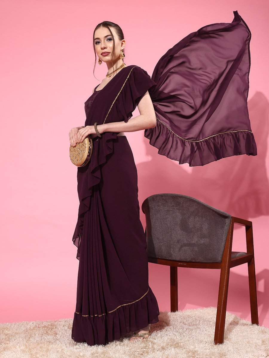 Ahalyaa Ruffled Poly Georgette Saree | Swadesiicart