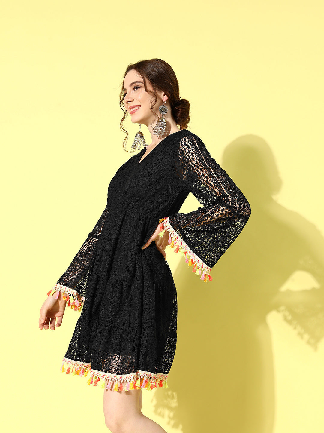 InWeave Women's Black Lacy Dress With Tassles - Swadesiicart