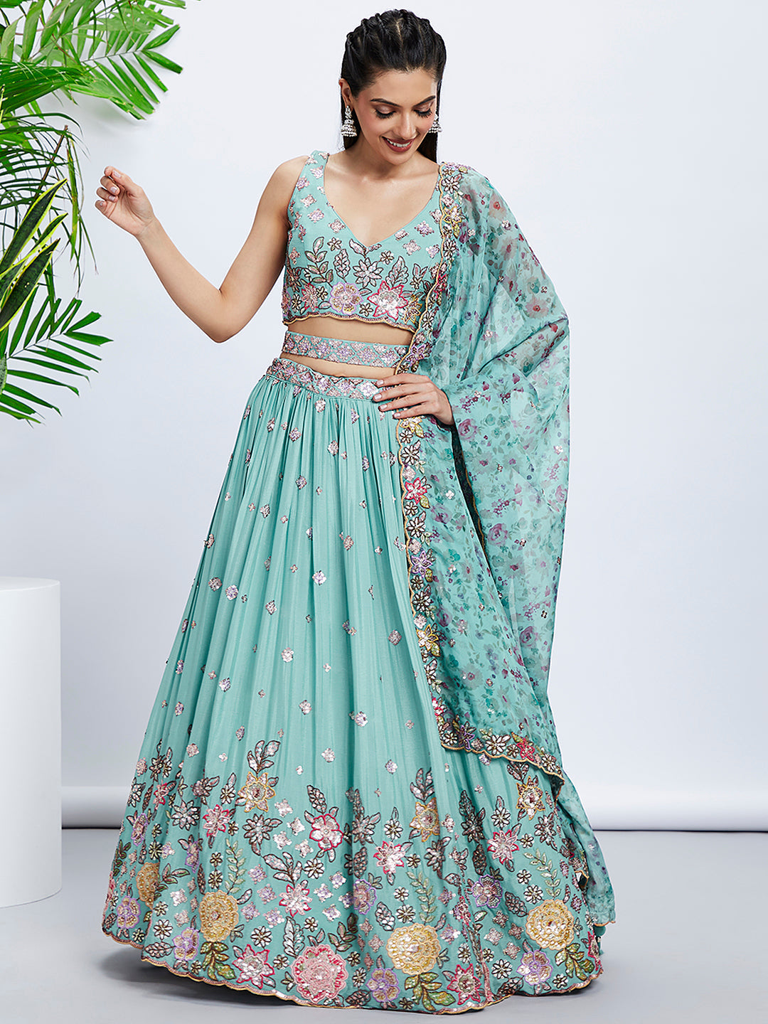 House of Panchhi Mauve Chiffon Sequins And Thread Embroidery Lehenga Choli & Dupatta | Swadesiicart