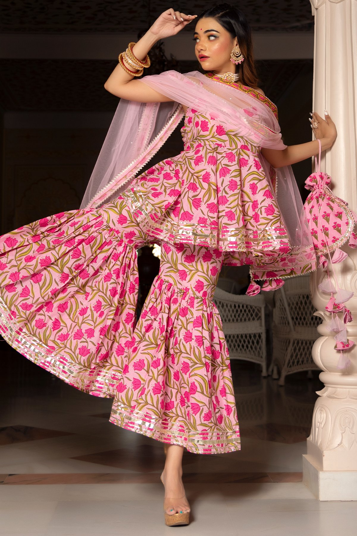 Pomcha Jaipur Nazakat Pink Cotton Hand Block Sharara Set | Swadesiicart