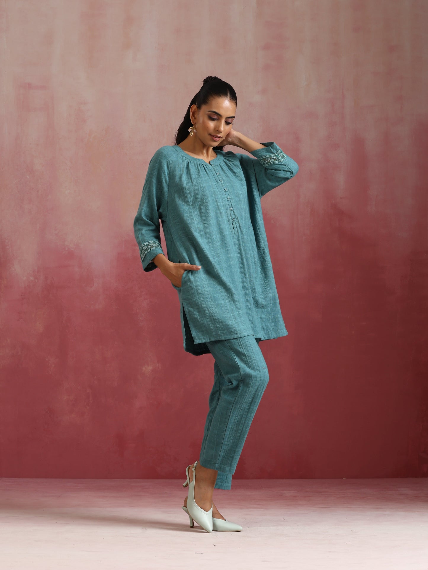 trueBrowns Light Blue Cotton Dobby Co-ord set - Swadesiicart