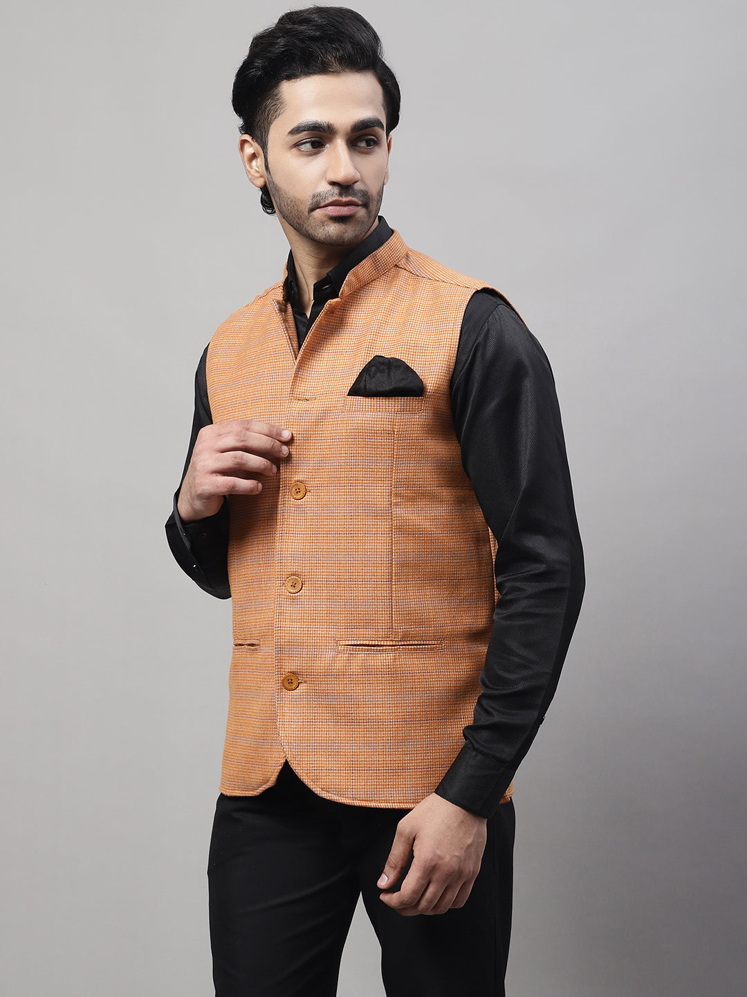 Even Apparels Men's Orange Nehru Jacket With Welt Pockets | Swadesiicart