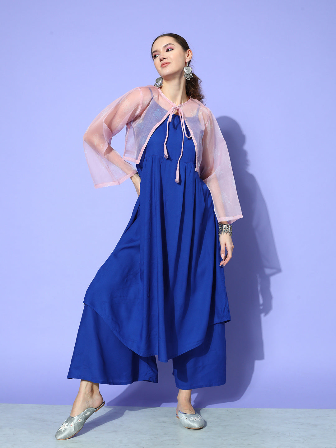 InWeave Women's Ink Blue Strappy Set With Pink Chintz Print Short Organza Cape - Swadesiicart