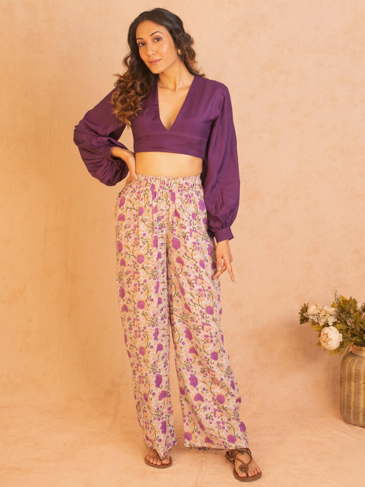trueBrowns Silk Purple Gathered Sleeve Blouse | Swadesiicart