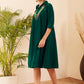 InWeave Women's Teal Velvet Collared Neck Flared Midi Dress - Swadesiicart