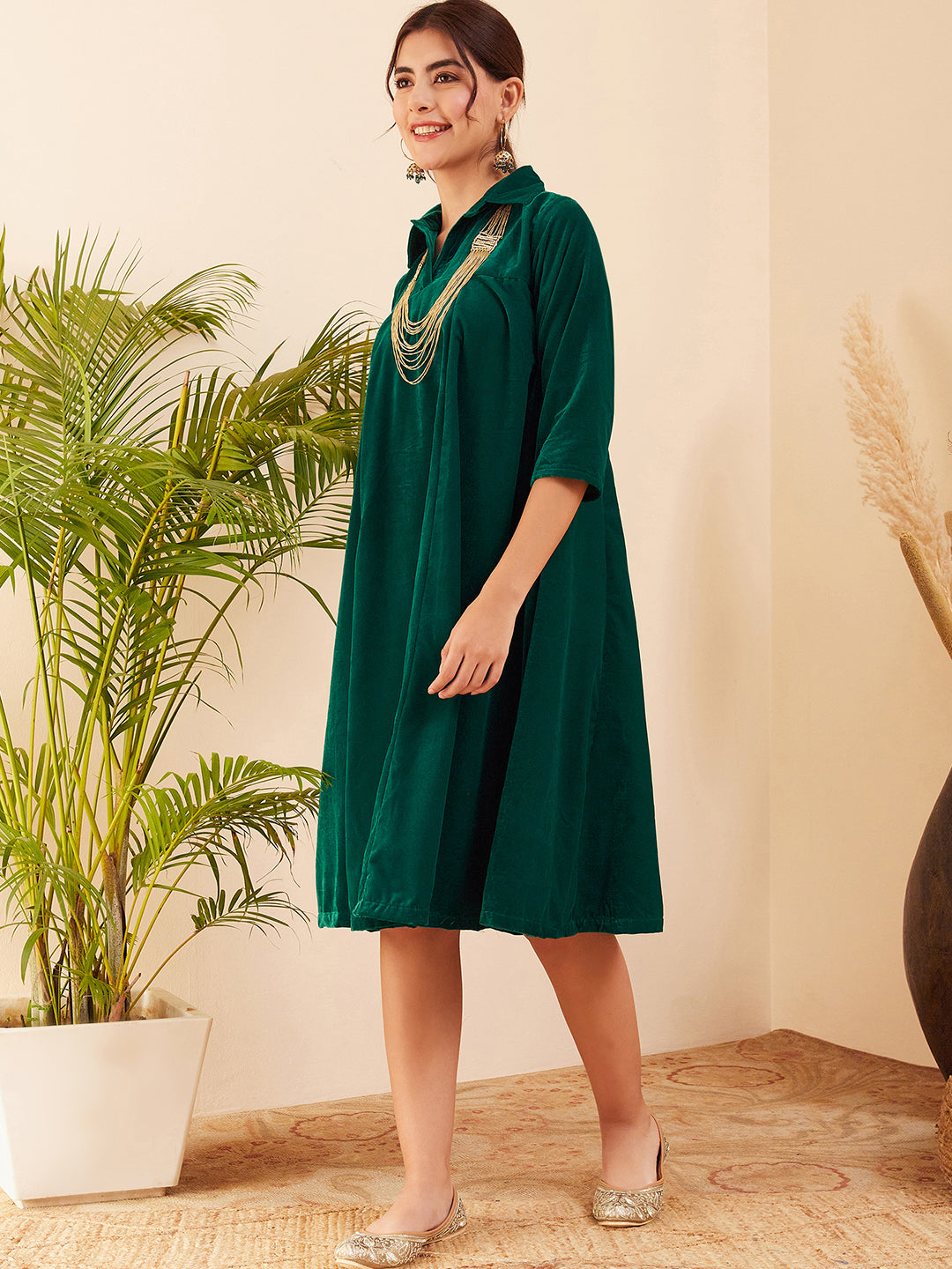 InWeave Women's Teal Velvet Collared Neck Flared Midi Dress - Swadesiicart