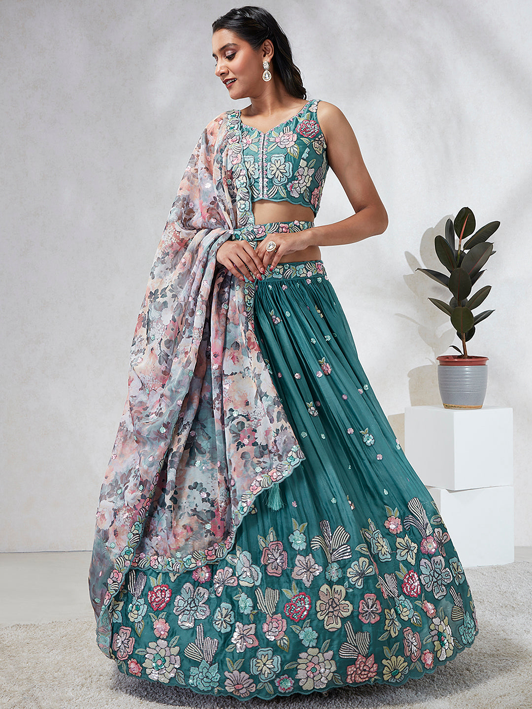 House of Panchhi Turquoise Blue Georgette Sequins And Thread Embroidery Lehenga Choli & Dupatta | Swadesiicart