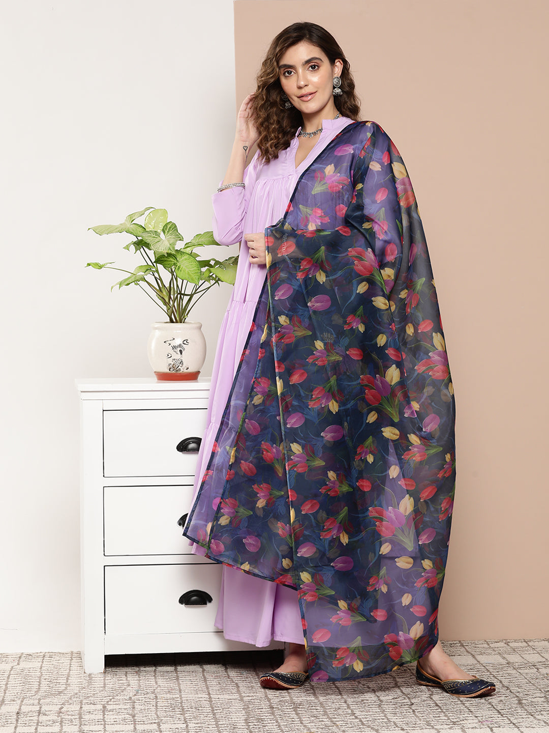 InWeave Women's Mauve Tiered Anarkali Kurta Set - Swadesiicart