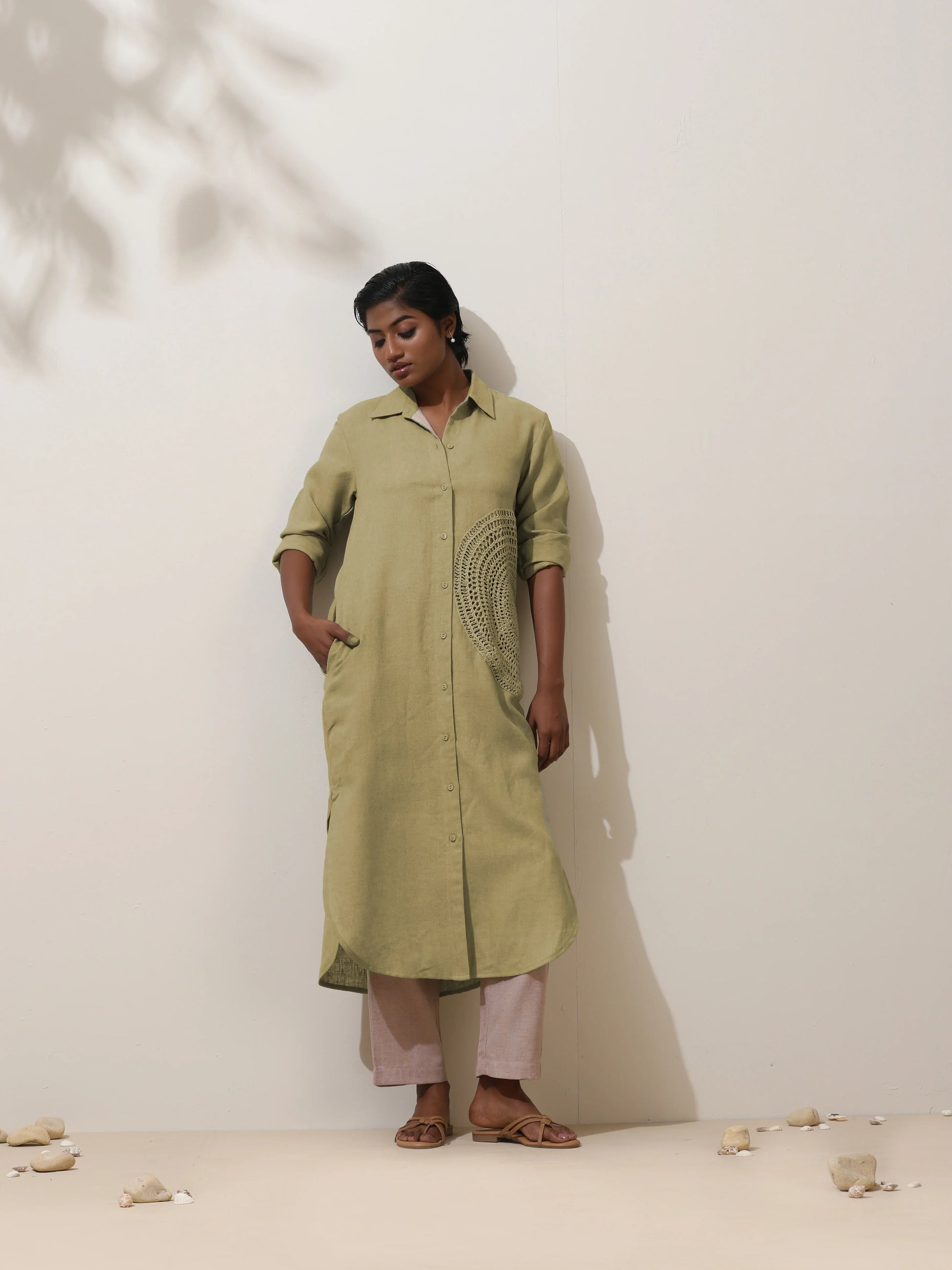 trueBrowns Fern Green Crochet Natural Cotton Kurta Pant Set | Swadesiicart