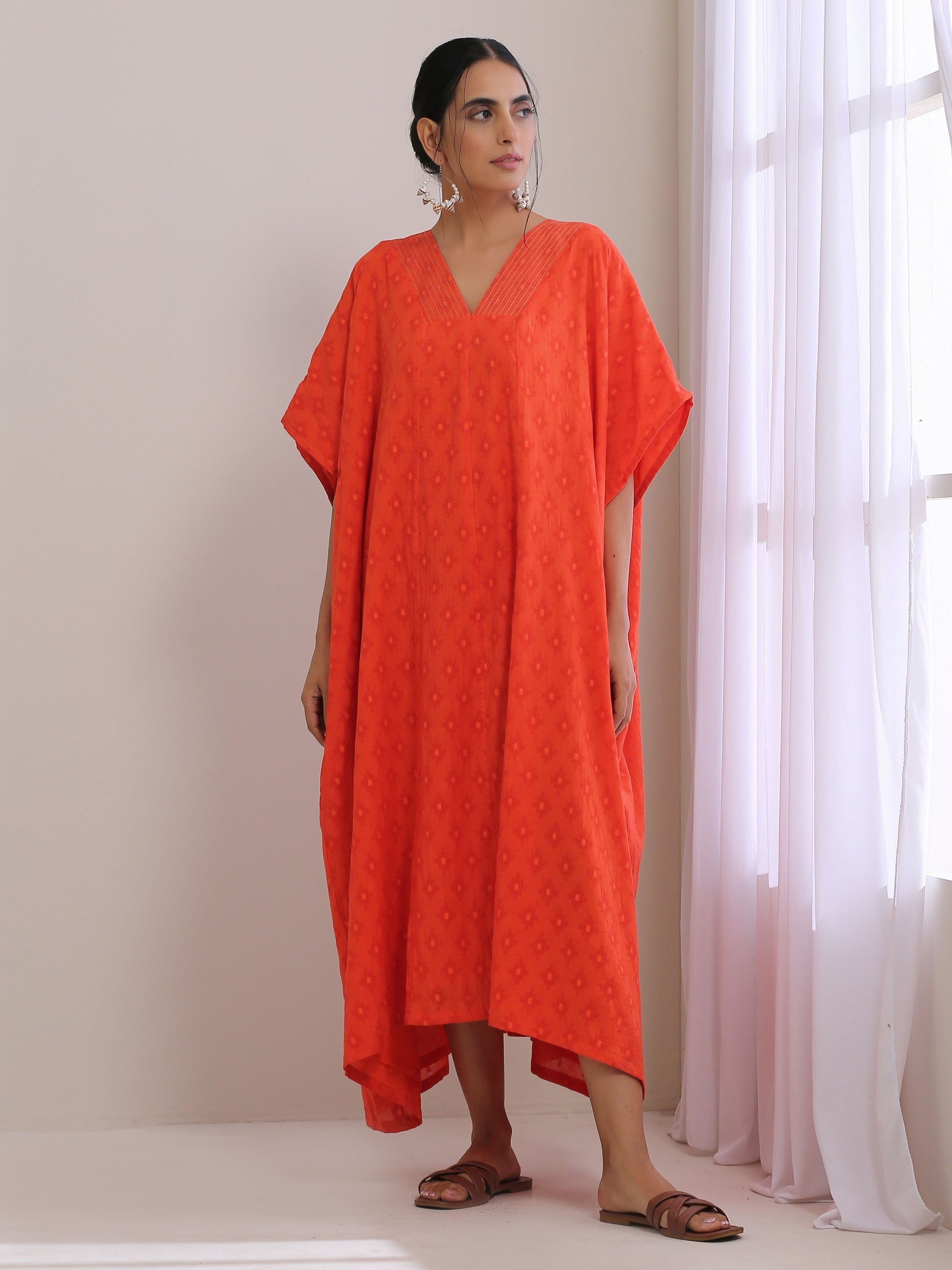 trueBrowns Orange Dobby Panel Kaftan Dress | Swadesiicart