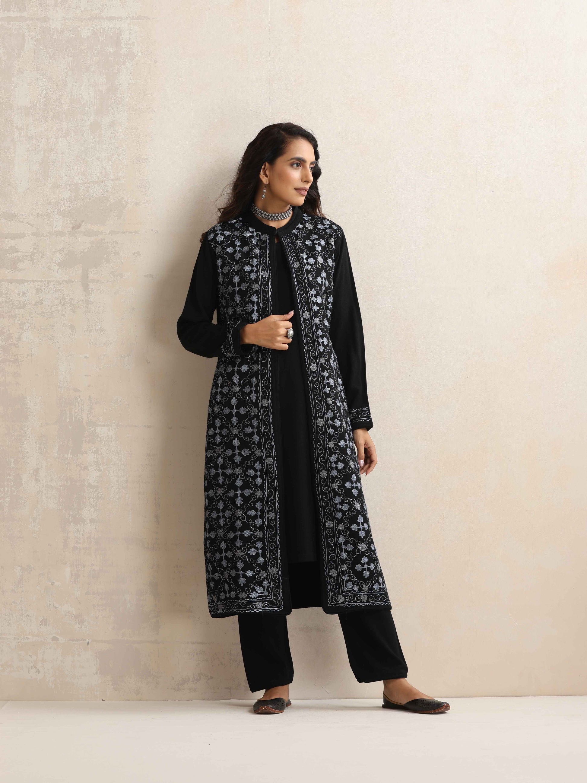 trueBrowns Black Kashmiri Woollen Jacket 3pc Set | Swadesiicart