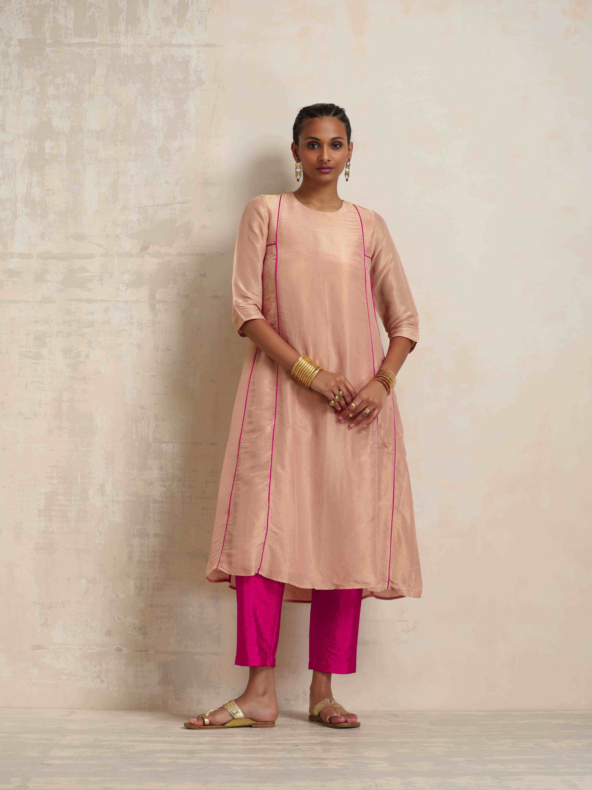 trueBrowns Blush Pink Tissue A-line Kurta Set | Swadesiicart