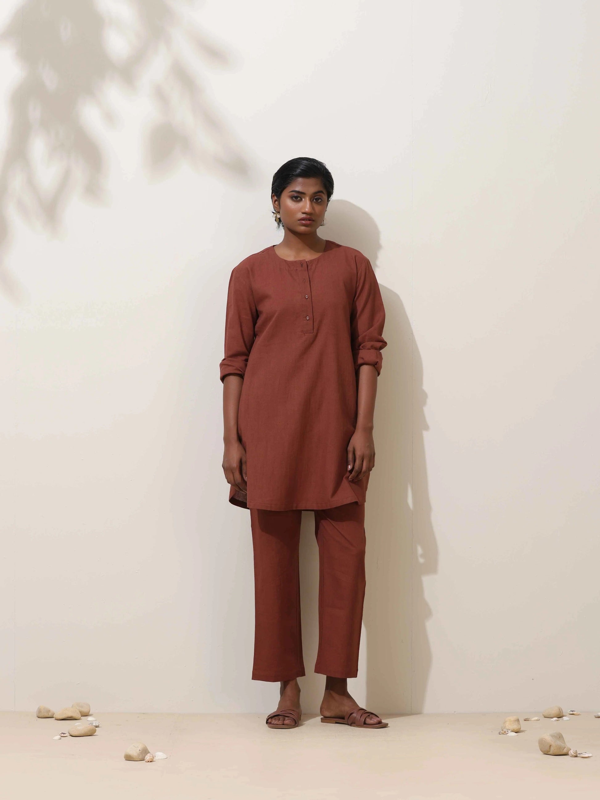 trueBrowns Brown Cotton Linen Kurta Co-Ord Set - Swadesiicart
