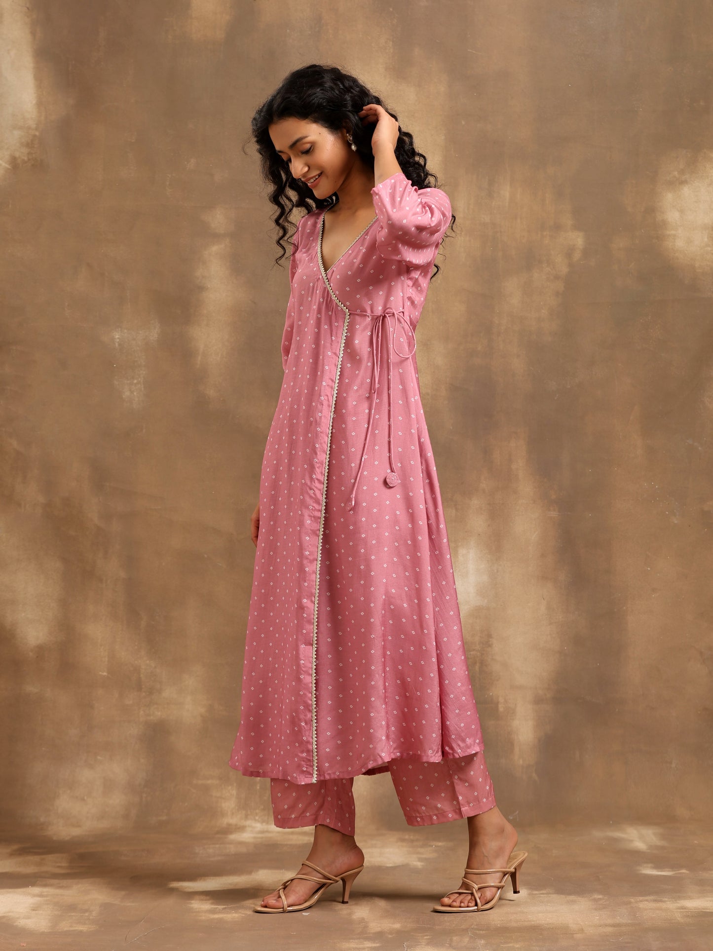 trueBrowns Light Mauve Bandhani Printed Silk Angrakha Kurta Pant Set | Swadesiicart