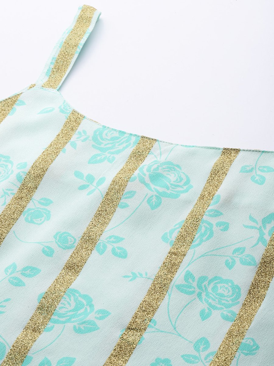Ahalyaa Striped Floral Printed Shoulder Straps Crepe Tunic | Swadesiicart