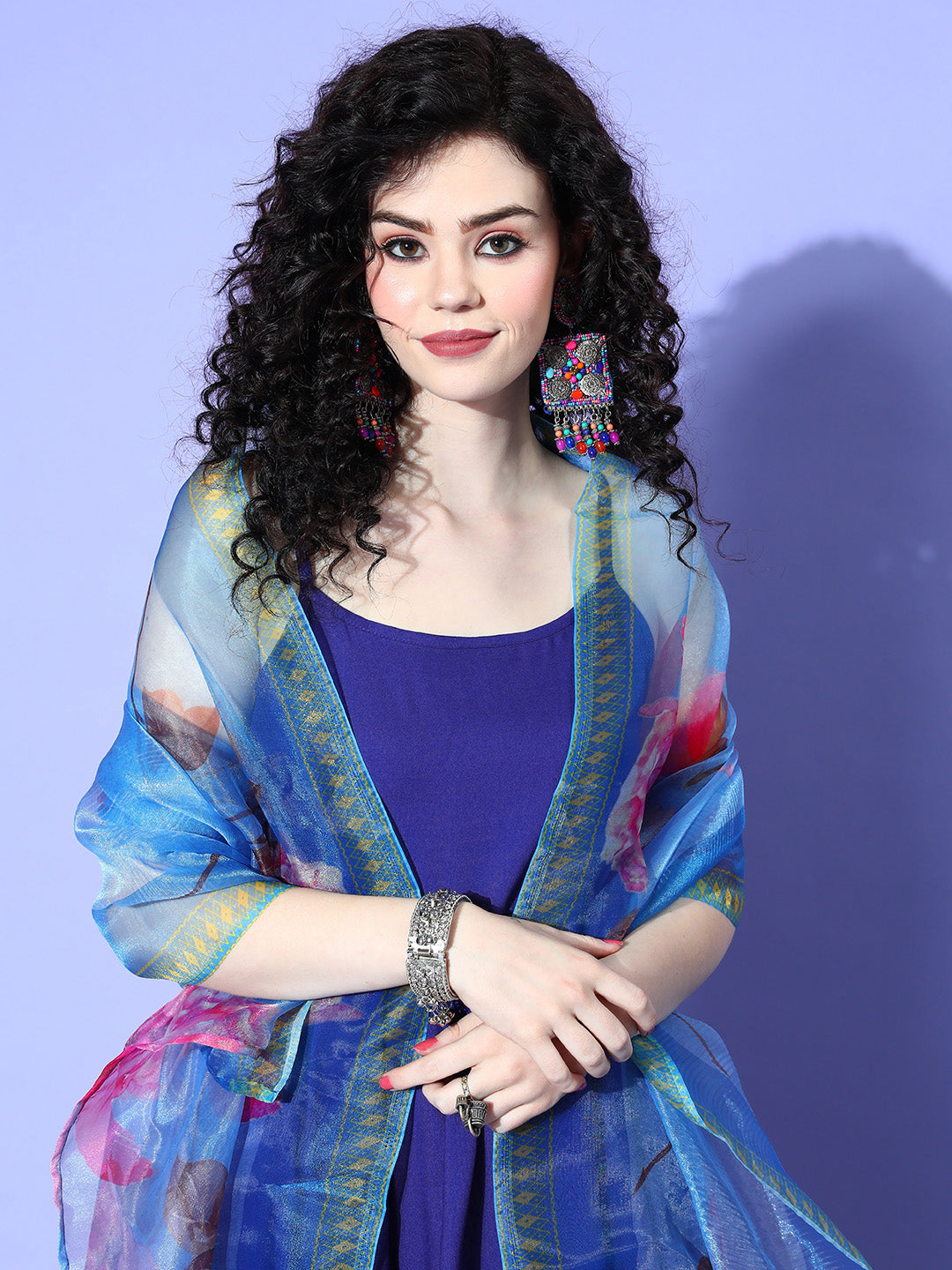 InWeave Women's Strappy Set In Ink Blue With Blue Fuschia Floral Organza Dupatta - Swadesiicart