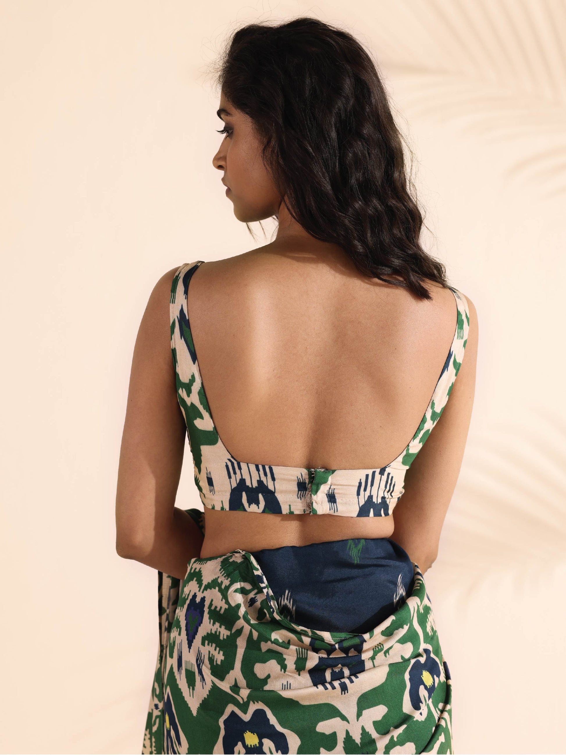 trueBrowns Green Muslin Ikat Sleeveless Blouse | Swadesiicart
