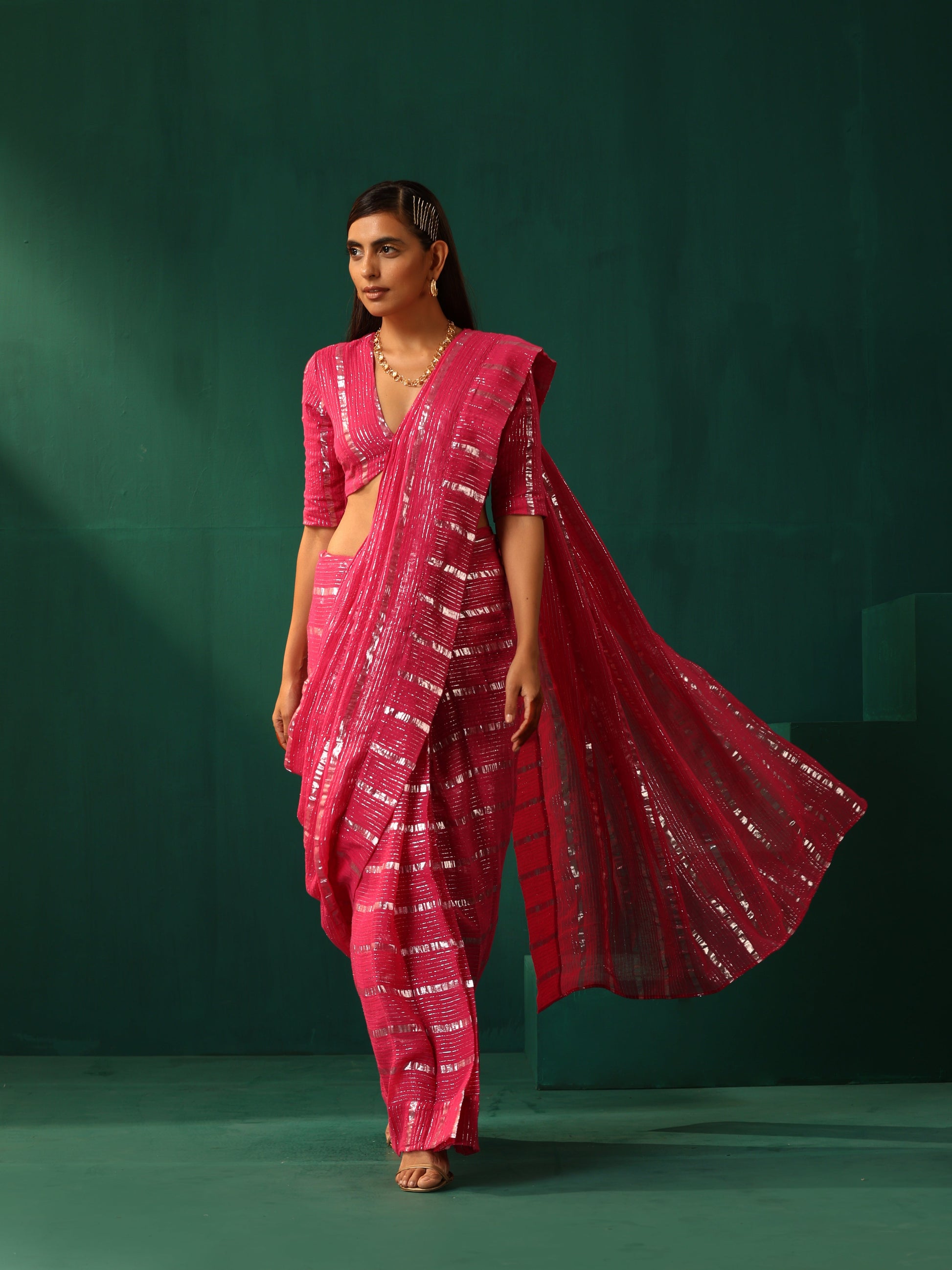 trueBrowns Rani Pink Cotton Silver Lurex Striped Ready to Wear Saree | Swadesiicart