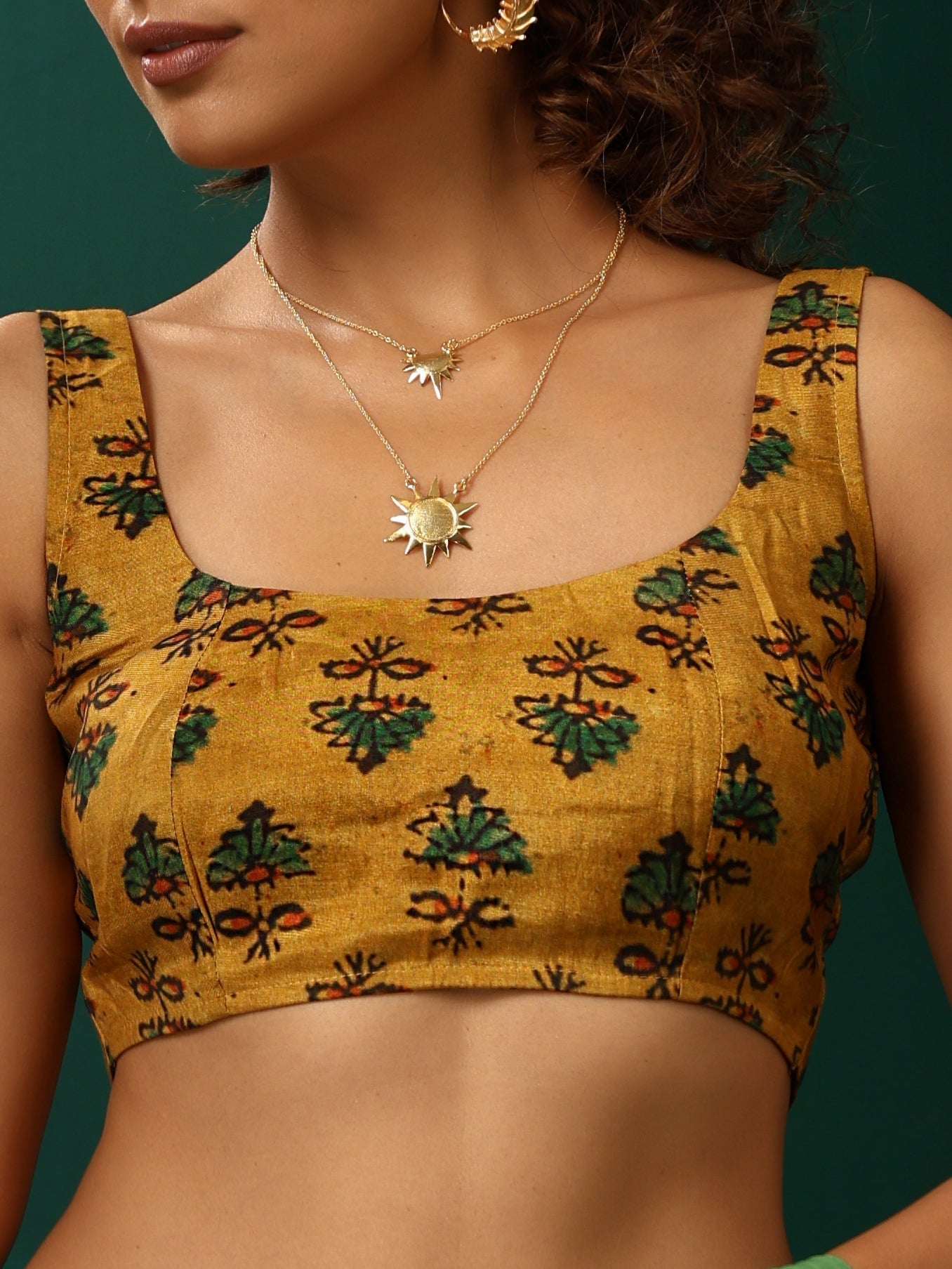 trueBrowns Mustard Muslin Silk Flower Stem Printed Scoop Neck Sleeveless Blouse | Swadesiicart