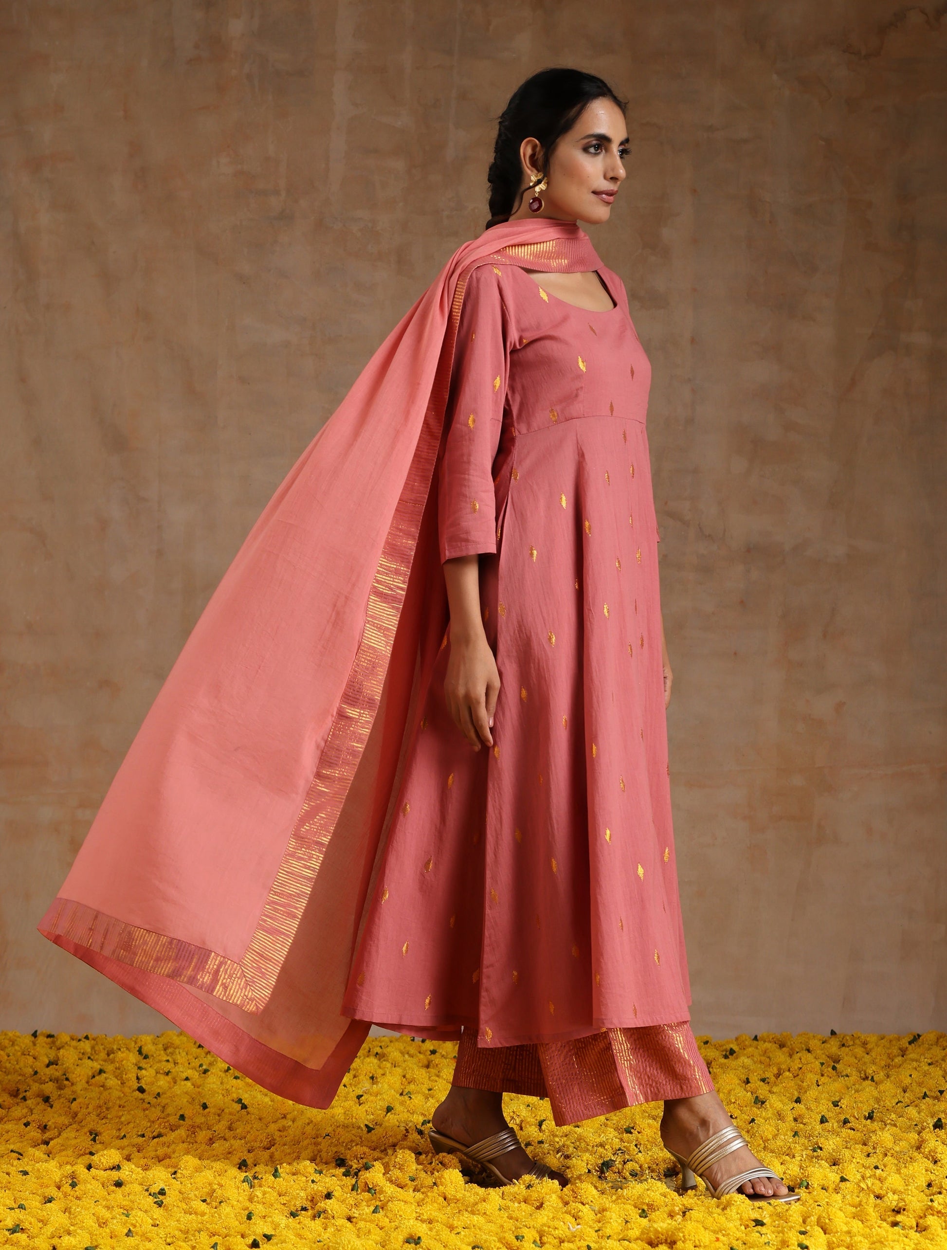 trueBrowns Blush Gold Cotton Anarkali Set | Swadesiicart