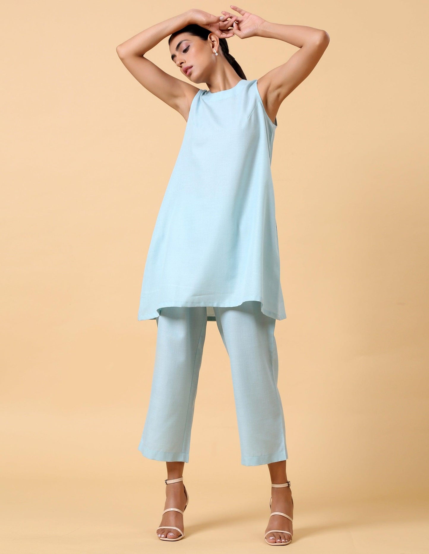 trueBrowns Cotton Linen Light Blue Sleeveless Co-Ord Set | Relove - Swadesiicart