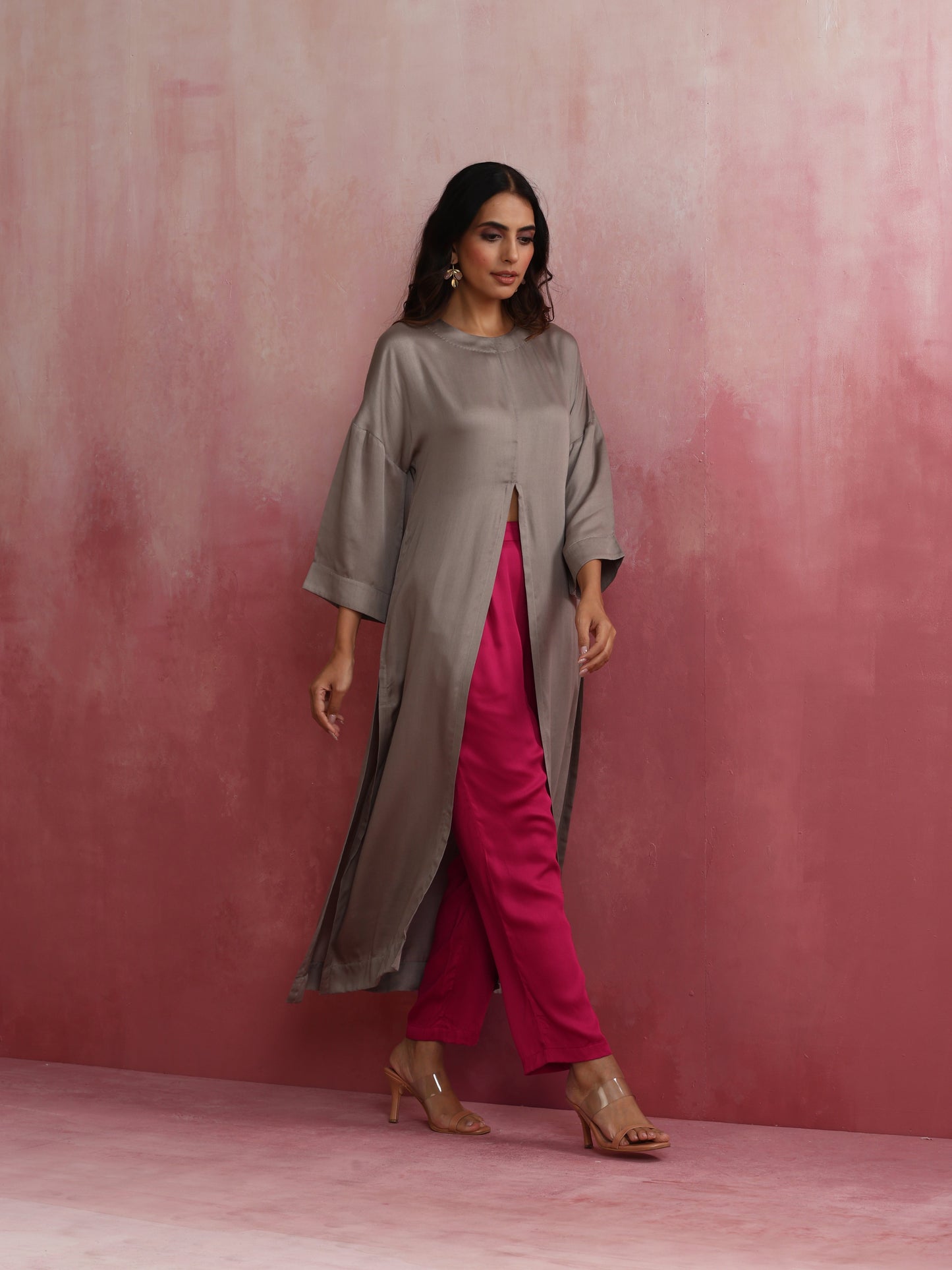 trueBrowns Grey High Slit Modal Kurta Set | Swadesiicart