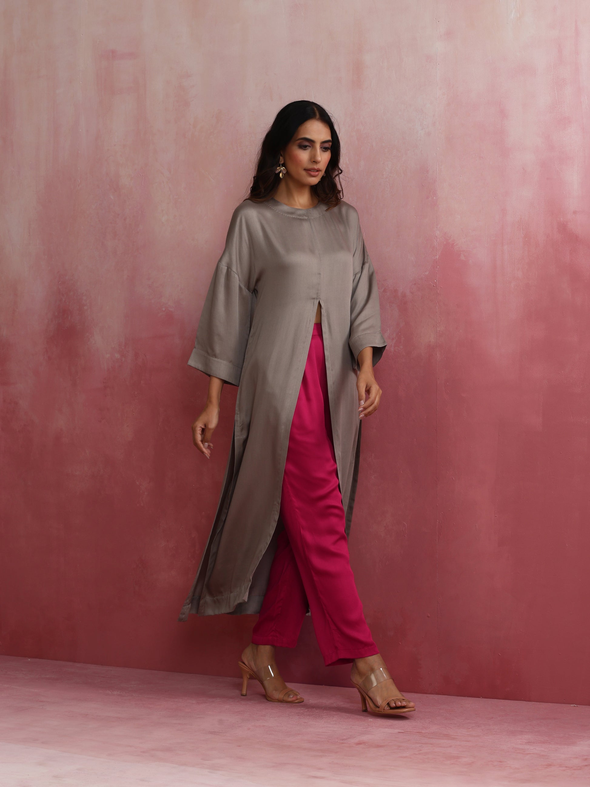 trueBrowns Grey High Slit Modal Kurta Set | Swadesiicart