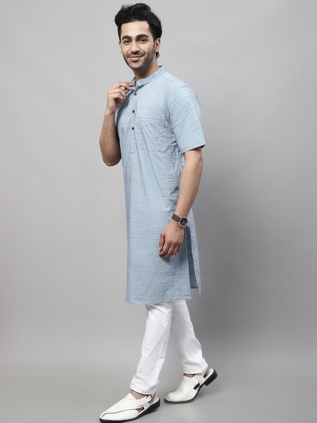 Even Apparels Blue Pure Cotton Kurta With Band Collar | Swadesiicart