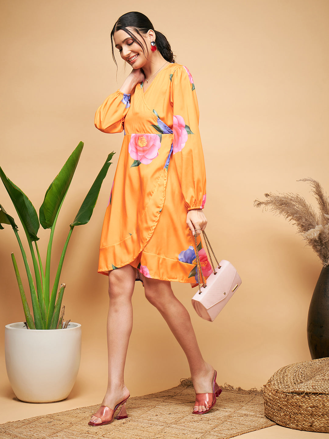InWeave Women's Haldi Yellow Pink Mauve Flower Belted Dress - Swadesiicart