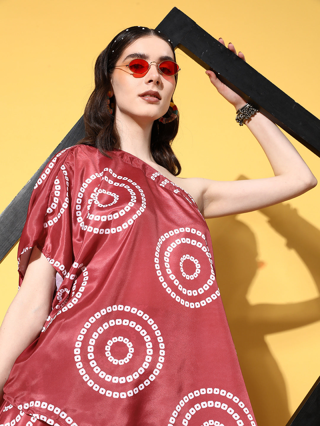 InWeave Women's Maroon Bandhani Motif One Shoulder Palazzo Set - Swadesiicart