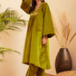 InWeave Women's Olive V Neck Asymmetrical Pleated Velvet Kurta Set - Swadesiicart