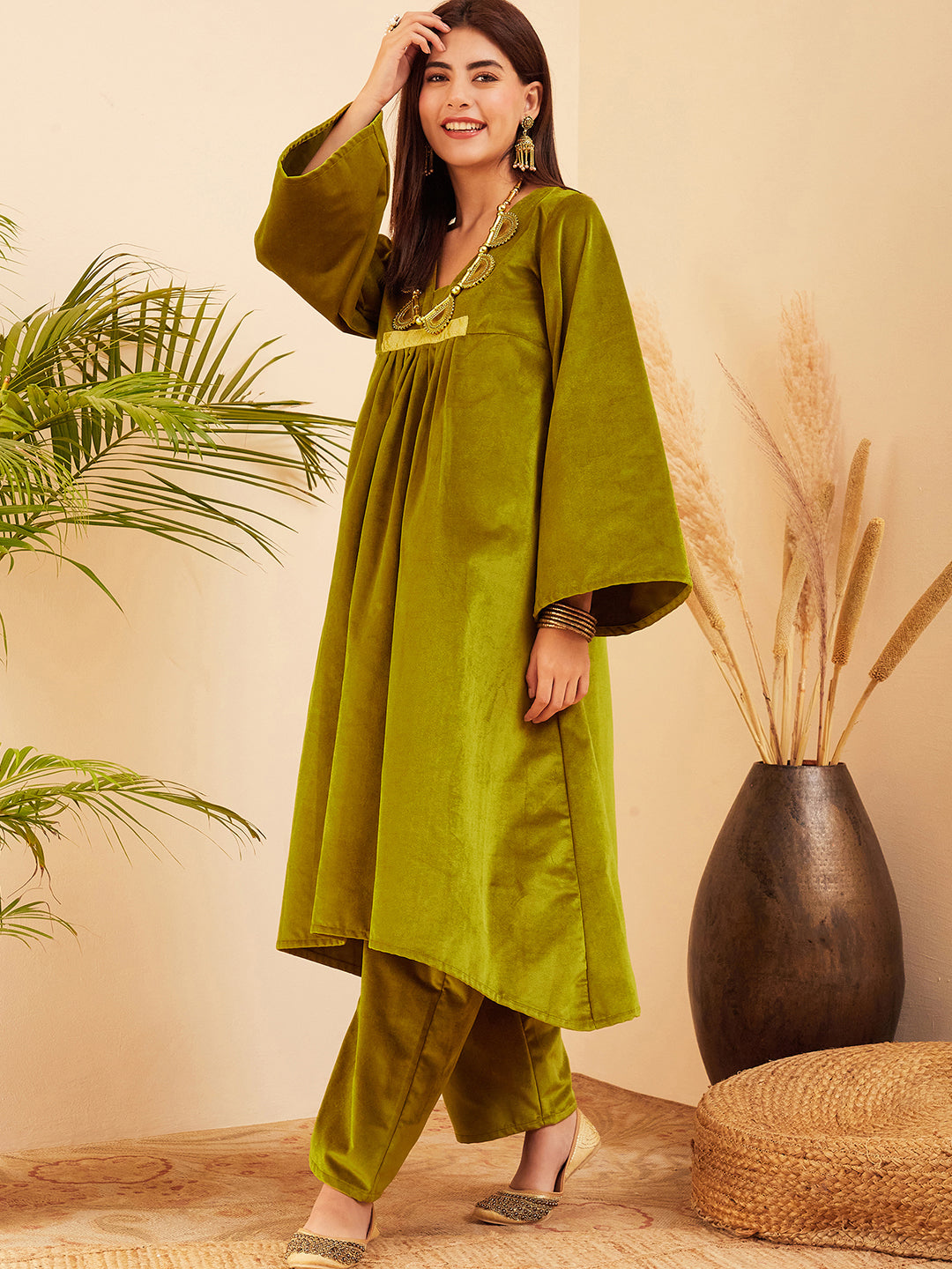 InWeave Women's Olive V Neck Asymmetrical Pleated Velvet Kurta Set - Swadesiicart