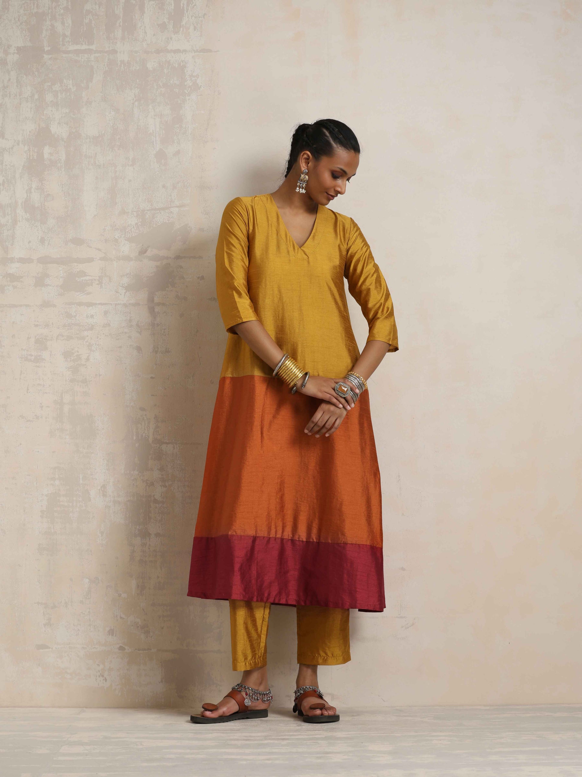 trueBrowns Gold Orange Silk A-line Kurta Set | Swadesiicart