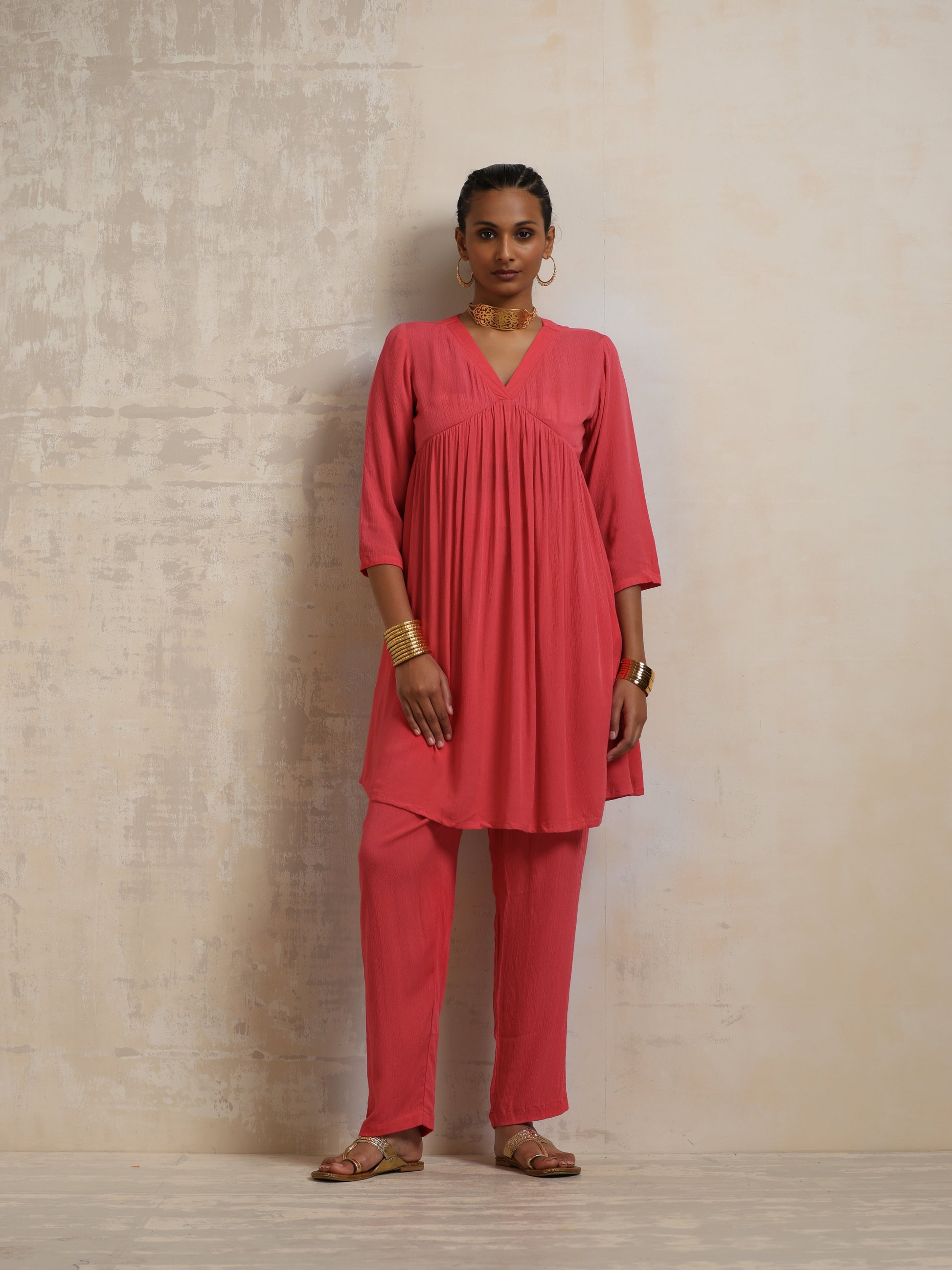 trueBrowns Peach Crinkle Flared Kurta Co-ord Set - Swadesiicart