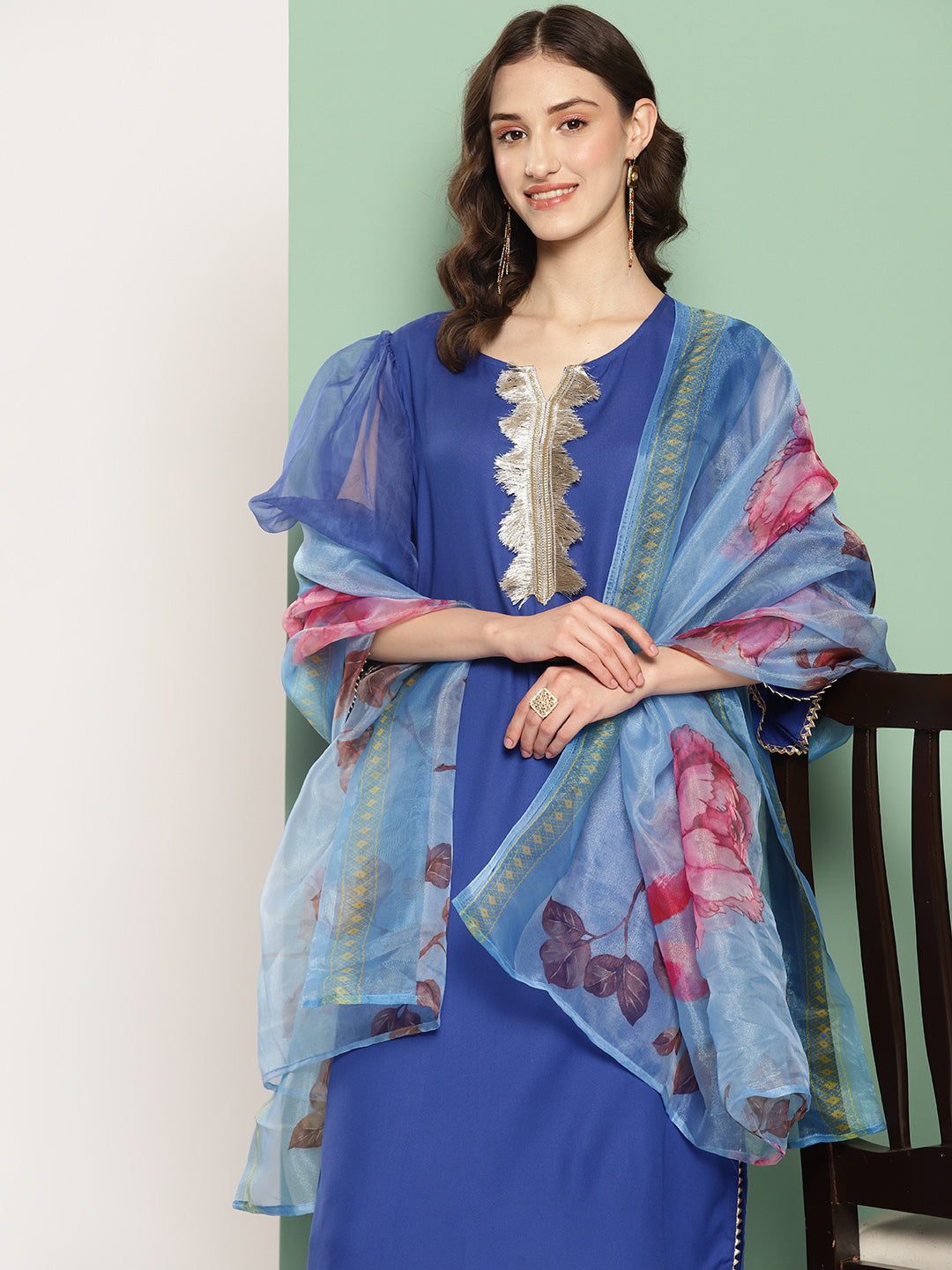 InWeave Women's Ink Blue Organza Sleeve Kurta Set W Blue Fuchsia Or Dupatta - Swadesiicart