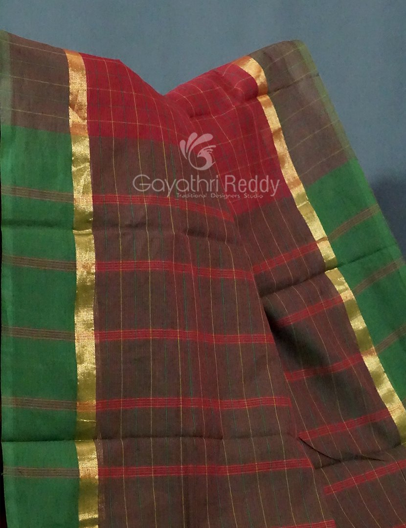 Maroon With Checks Pure Mangalgiri Cotton Saree By Gayathri Reddy Designer Studio | Swadesiicart