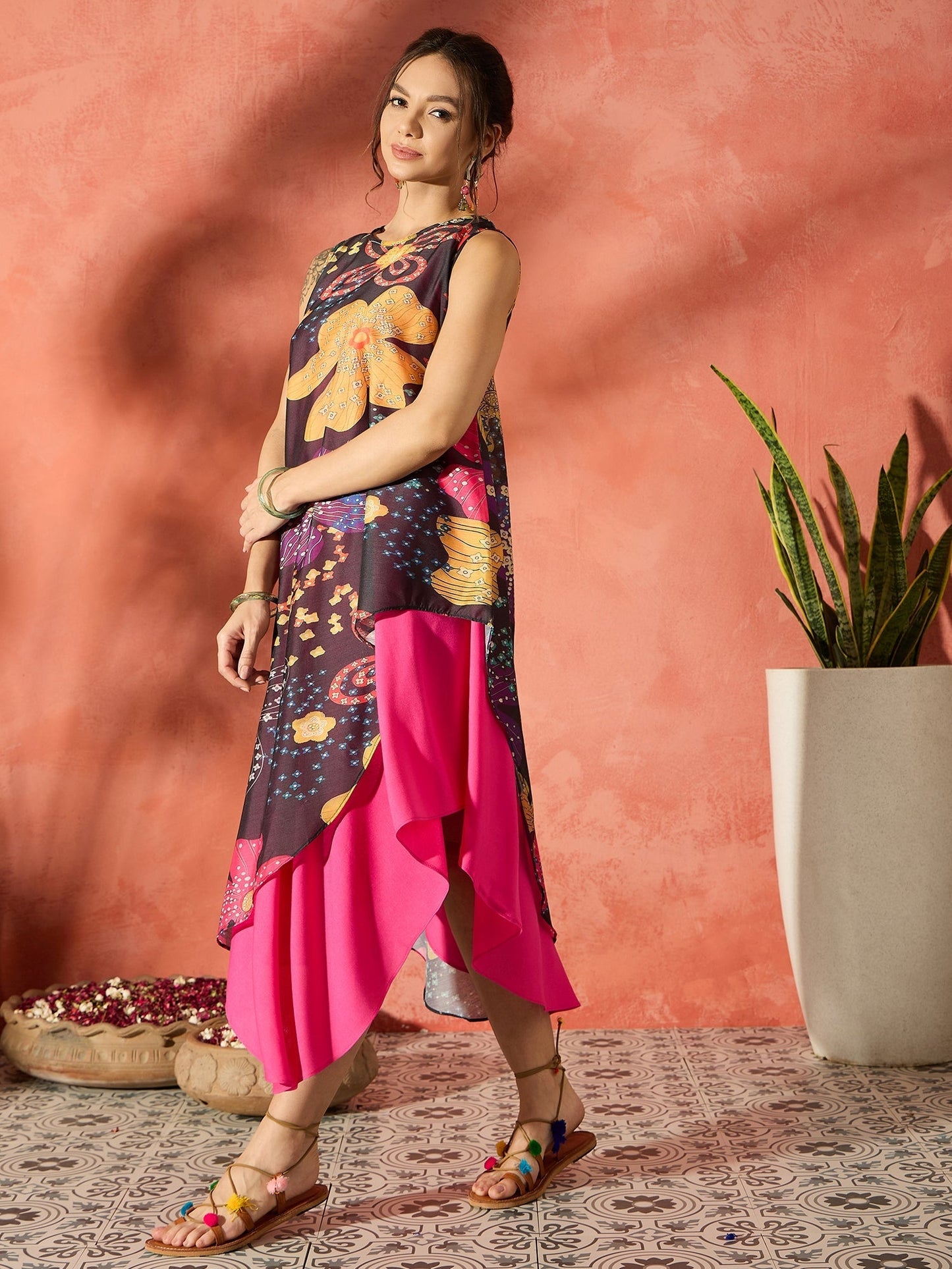 InWeave Black Floral Fuchsia Asymmetrical Dress - Swadesiicart