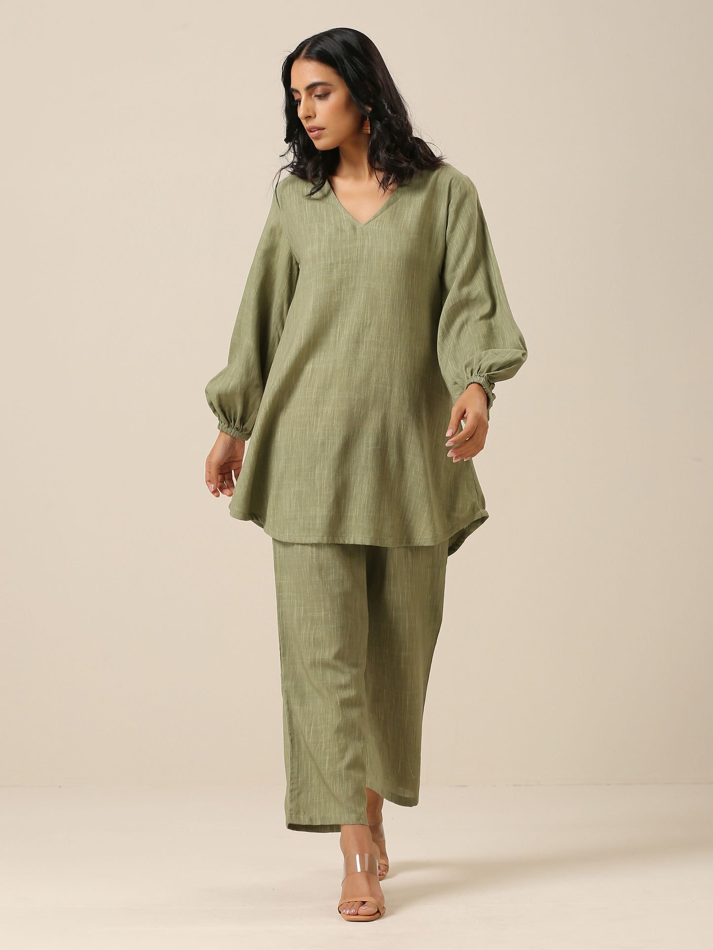 trueBrowns Sage Slub Textured Short Co-Ord Set - Swadesiicart