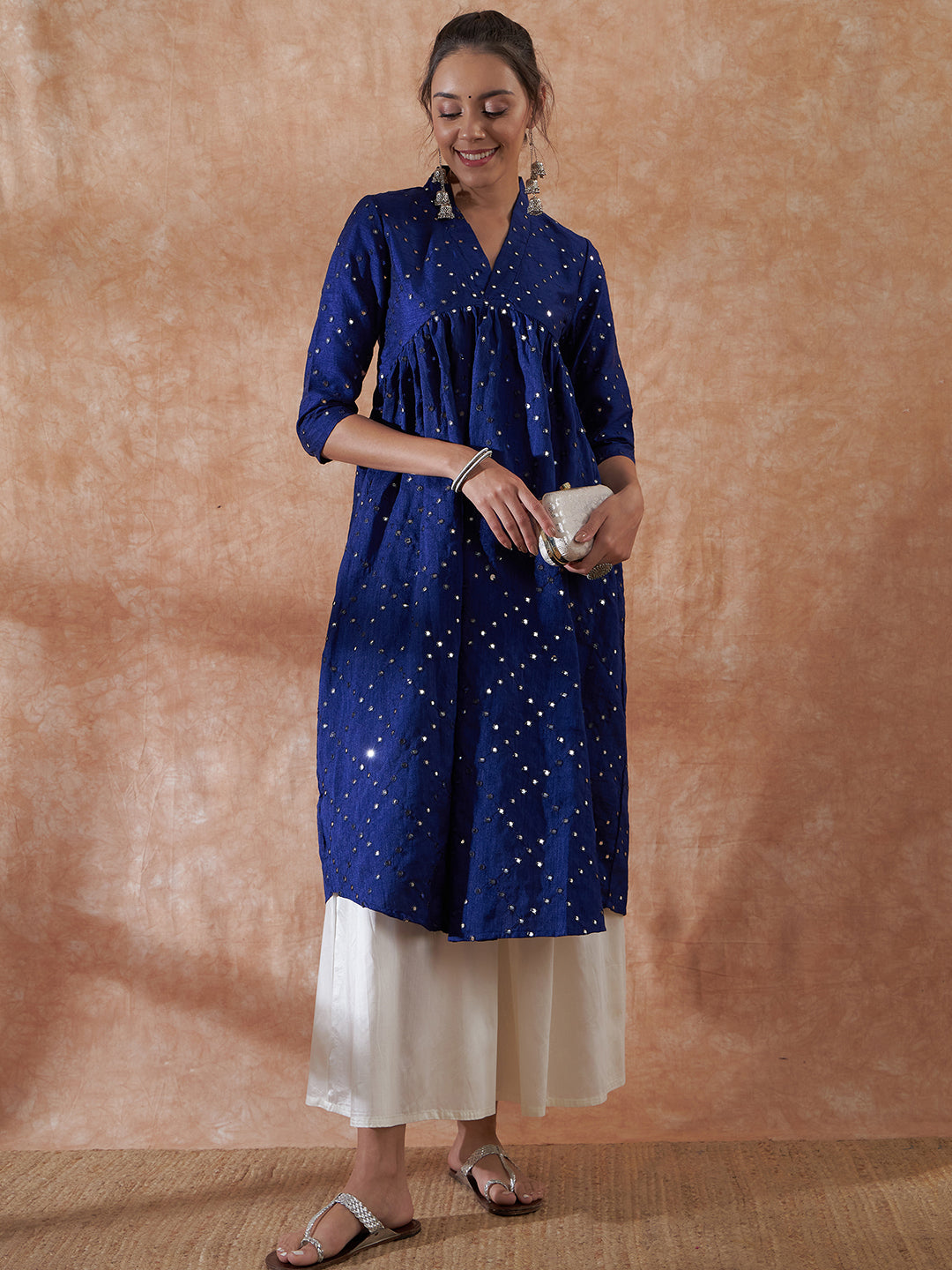 InWeave Women's Blue Mirror Work Flared Kurta - Swadesiicart