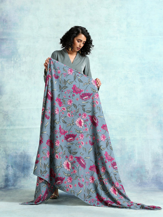 trueBrowns Grey Printed Velvet Shawl | Swadesiicart