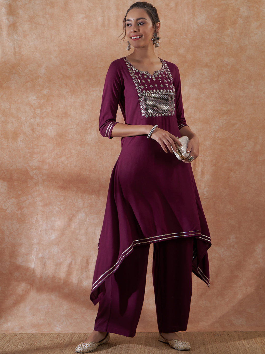 InWeave Women's Burgundy Emb Assymetrical Kurta Pant Set - Swadesiicart