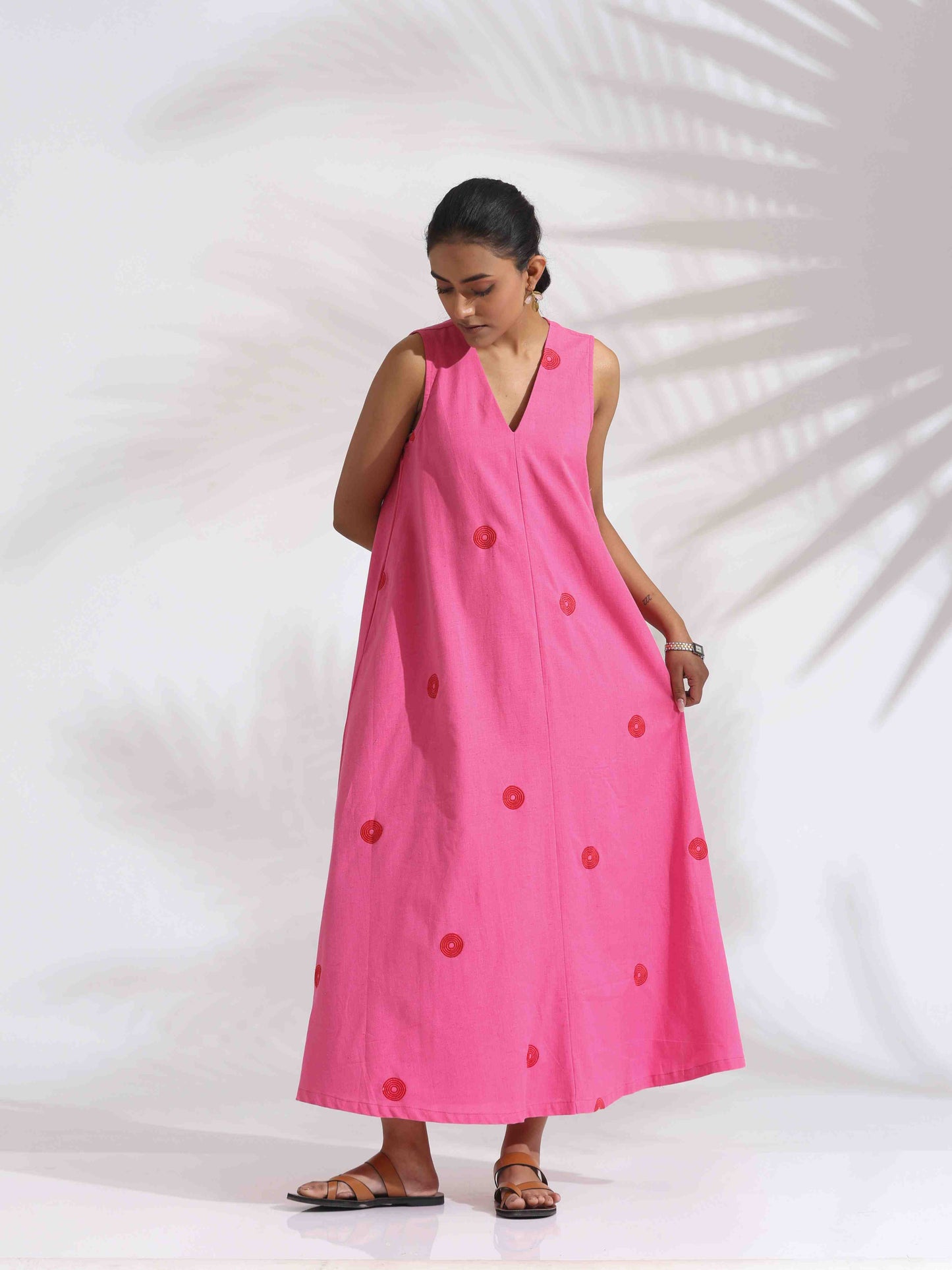 trueBrowns Pink Cotton Embroidered Flared Dress | Swadesiicart