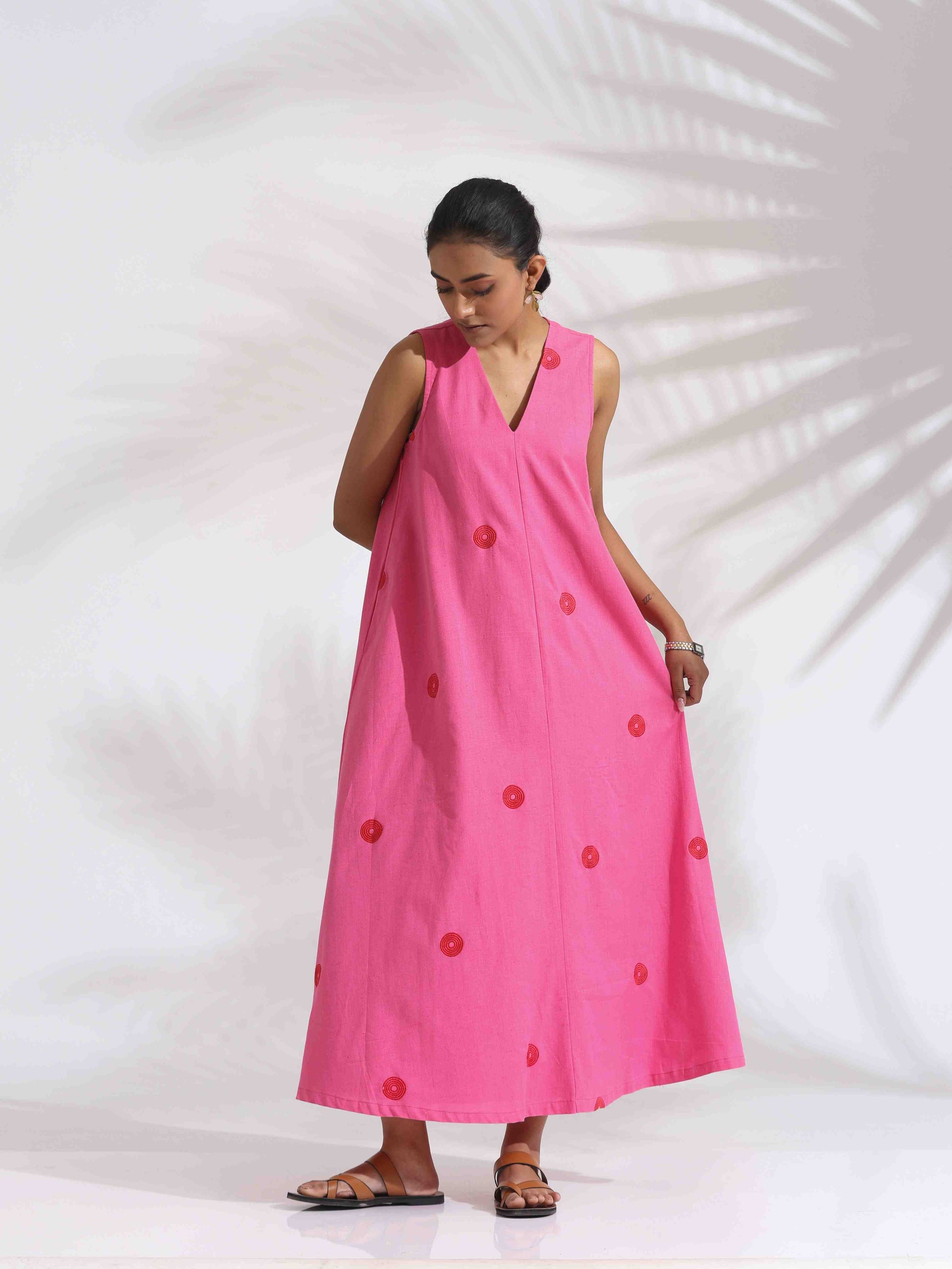 trueBrowns Pink Cotton Embroidered Flared Dress | Swadesiicart