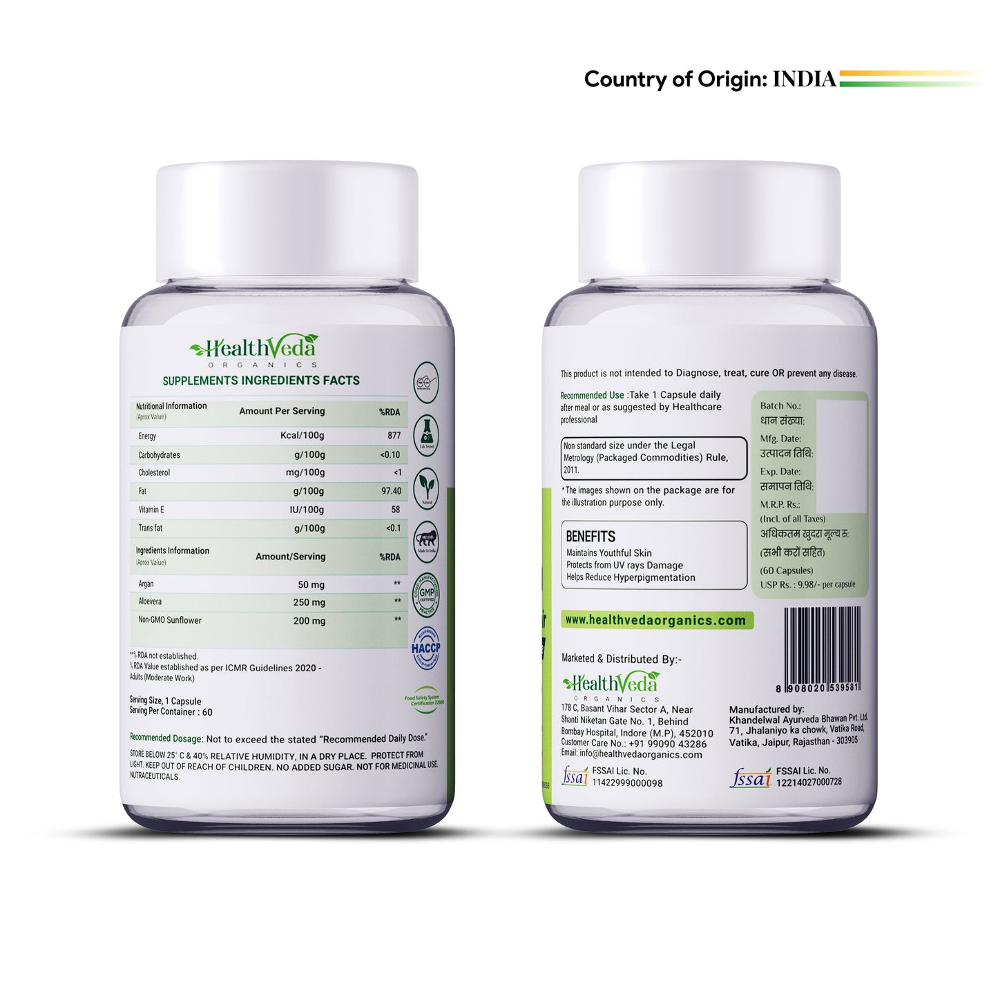 Health Veda Organics Vitamin E Capsules - Swadesiicart