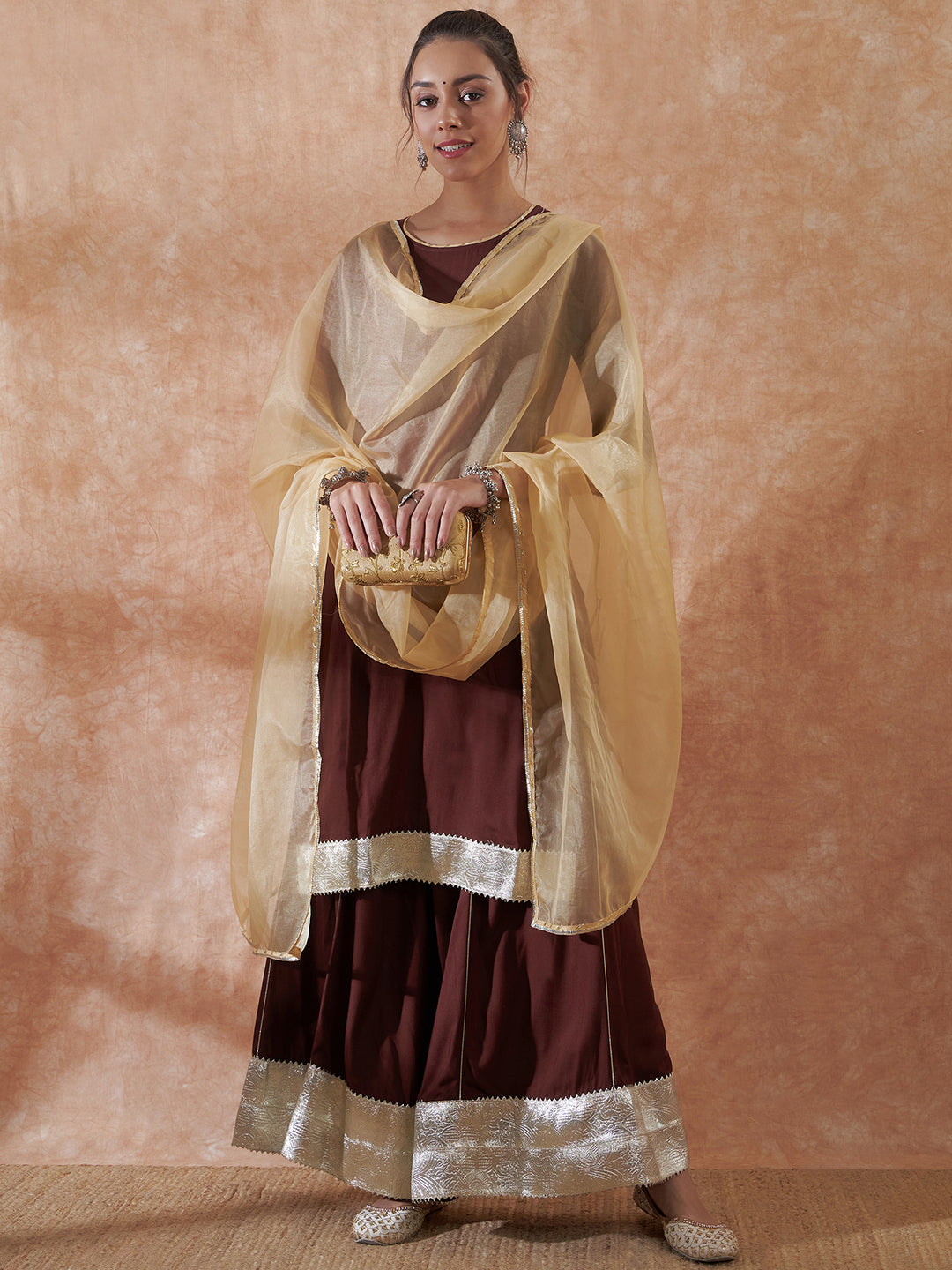 InWeave Women's Brown Gota Work Anarkali Kurta Set W Dupatta - Swadesiicart