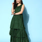 InWeave Women's Forest Green Gold Print Tiered Sharara Set - Swadesiicart