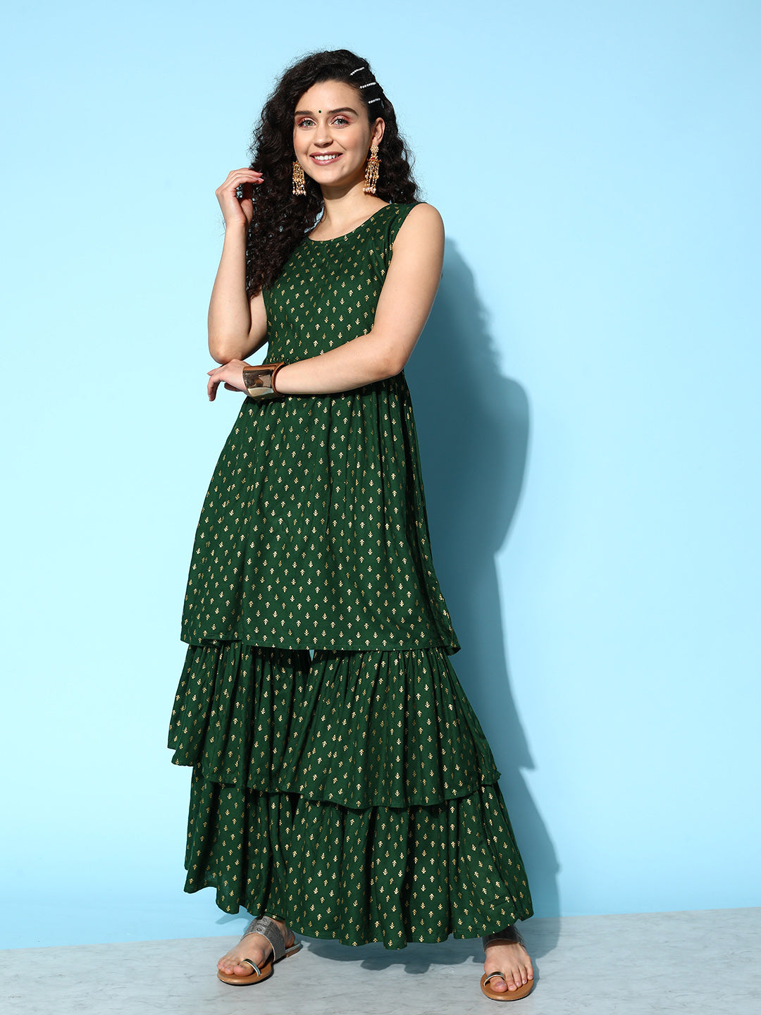 InWeave Women's Forest Green Gold Print Tiered Sharara Set - Swadesiicart