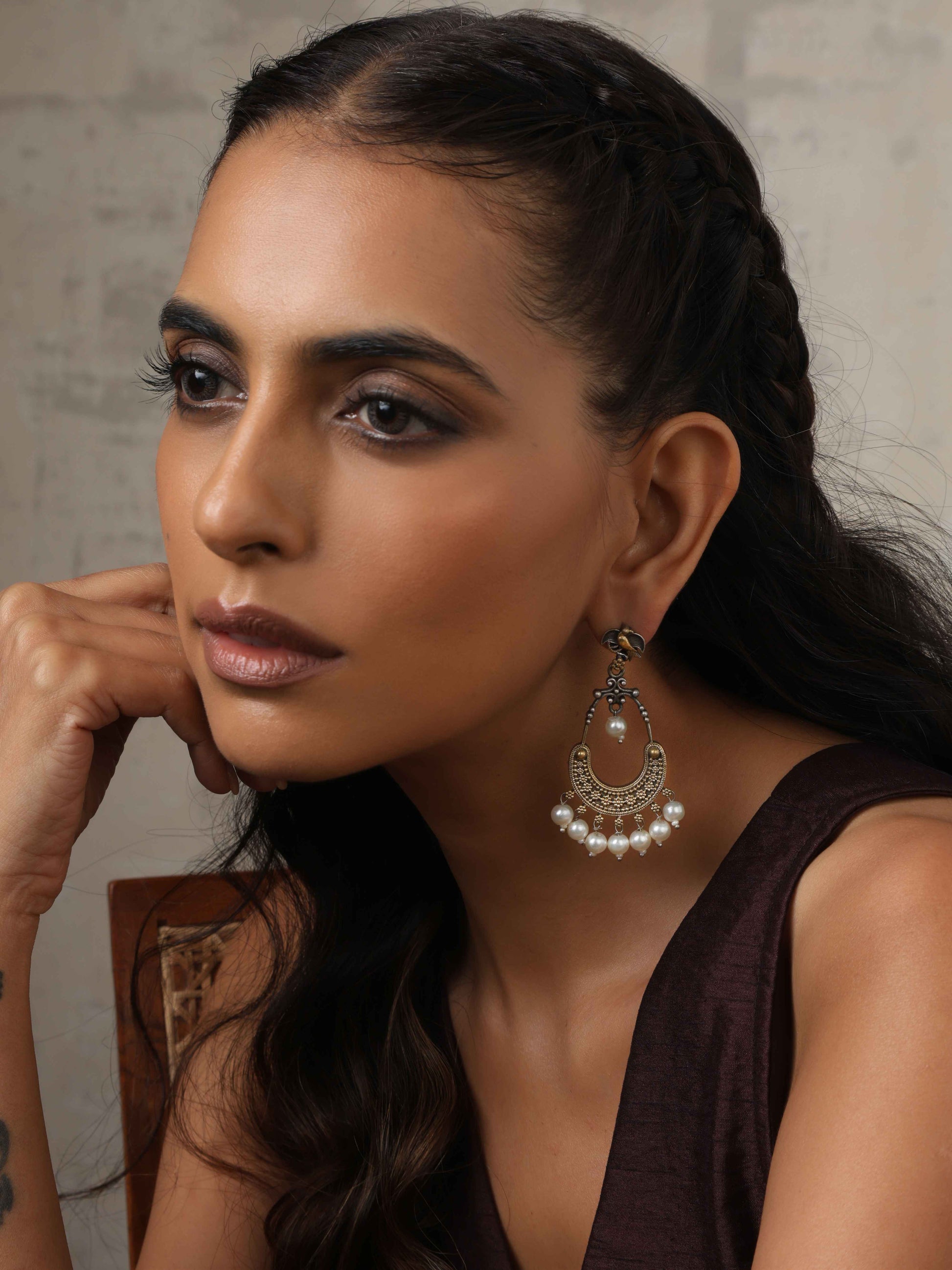 trueBrowns Silver Gold Tone Chandbaali Earrings - Swadesiicart