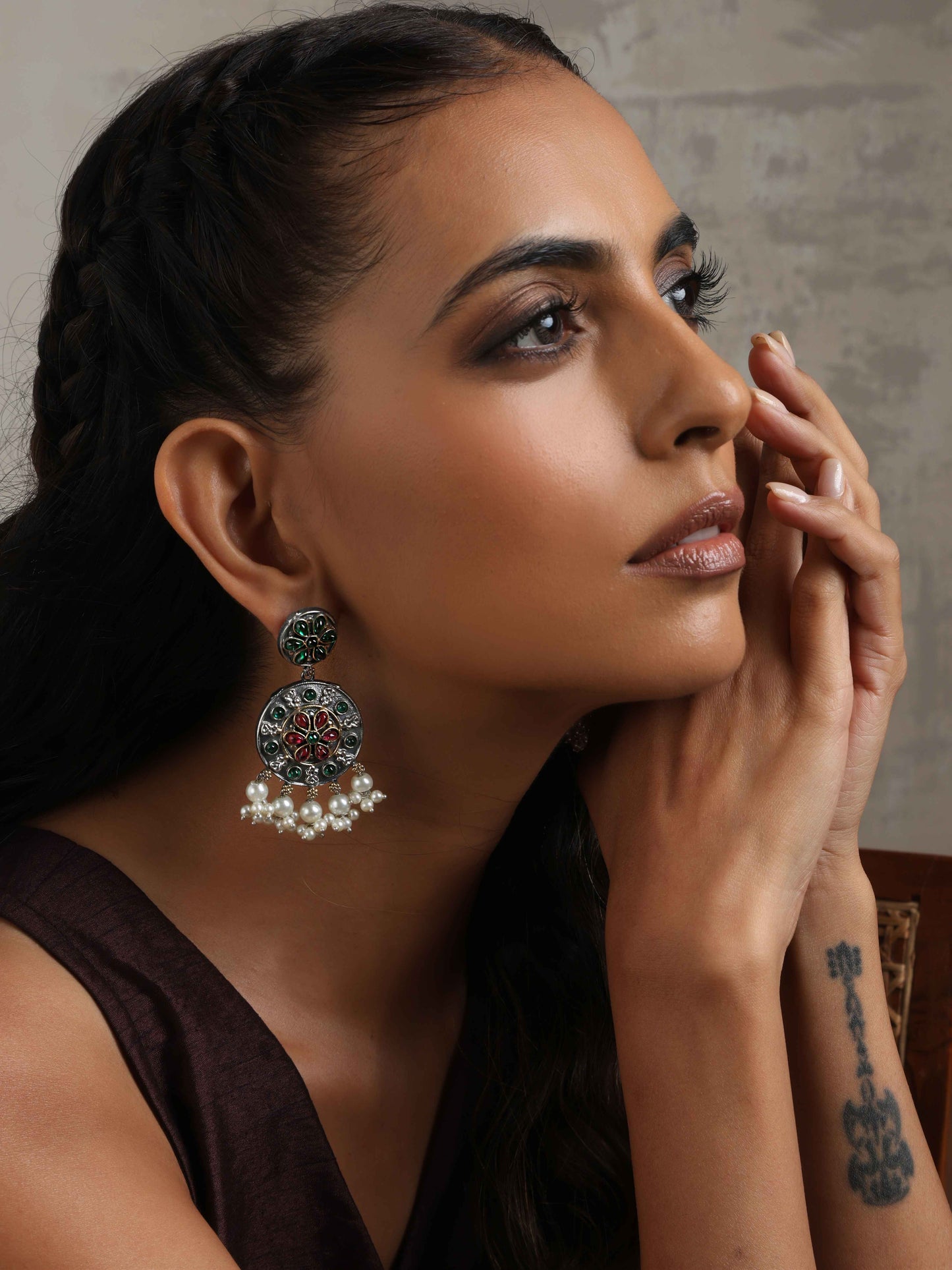 trueBrowns Silver Gold Tone Circular Stone Earrings - Swadesiicart
